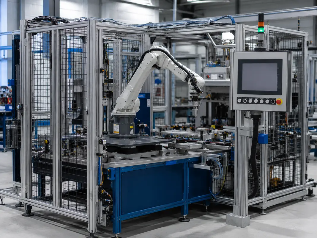 Célula robotizada con panel de control industrial